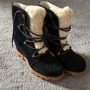 Sorel Black Suede Shearling-Trim Winter Boots with Tan Sole